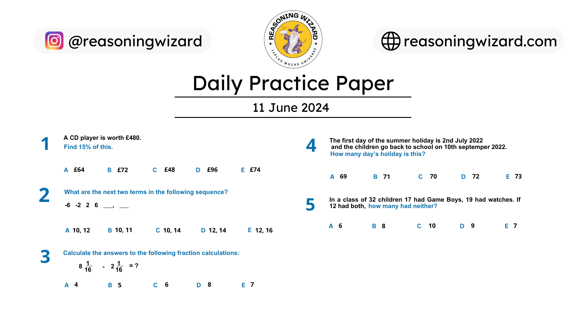 11plus Daily Free Practice Paper
