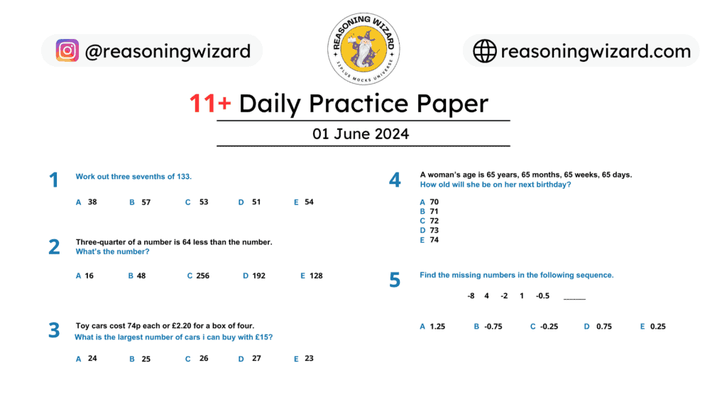 11plus Daily Free Practice Paper - 01 June 2024