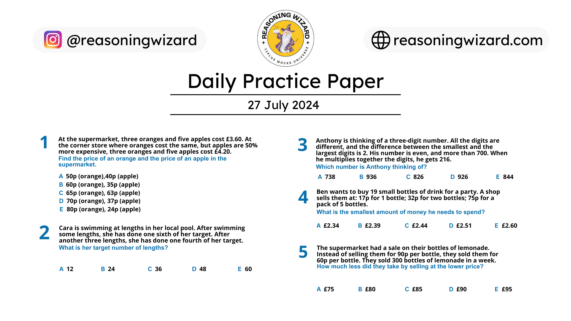 11plus Daily Free Worksheet