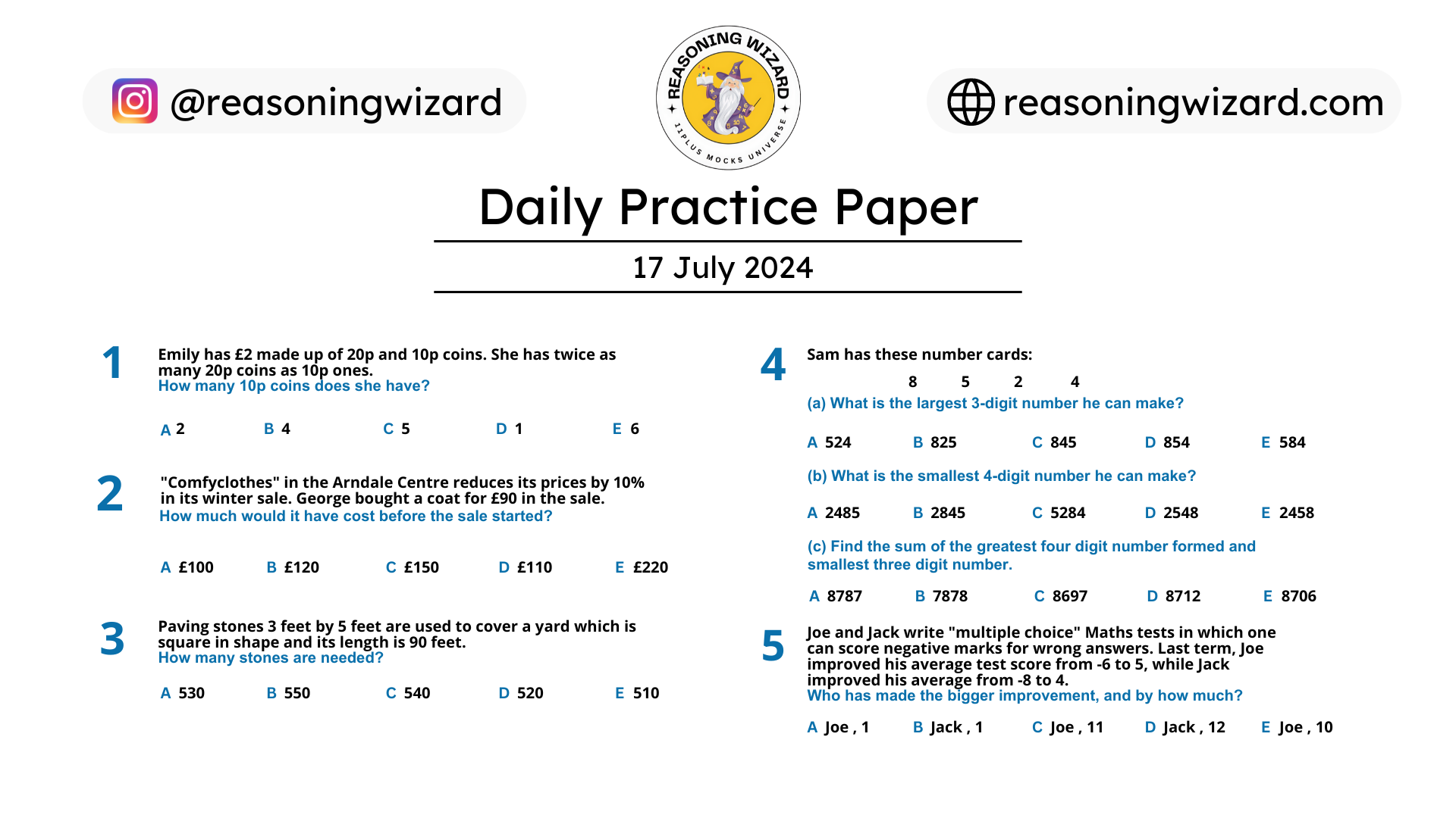 11plus Daily Free Worksheet
