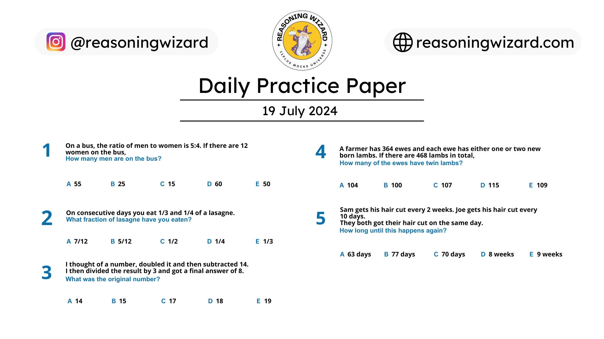 11plus Daily Free Worksheet